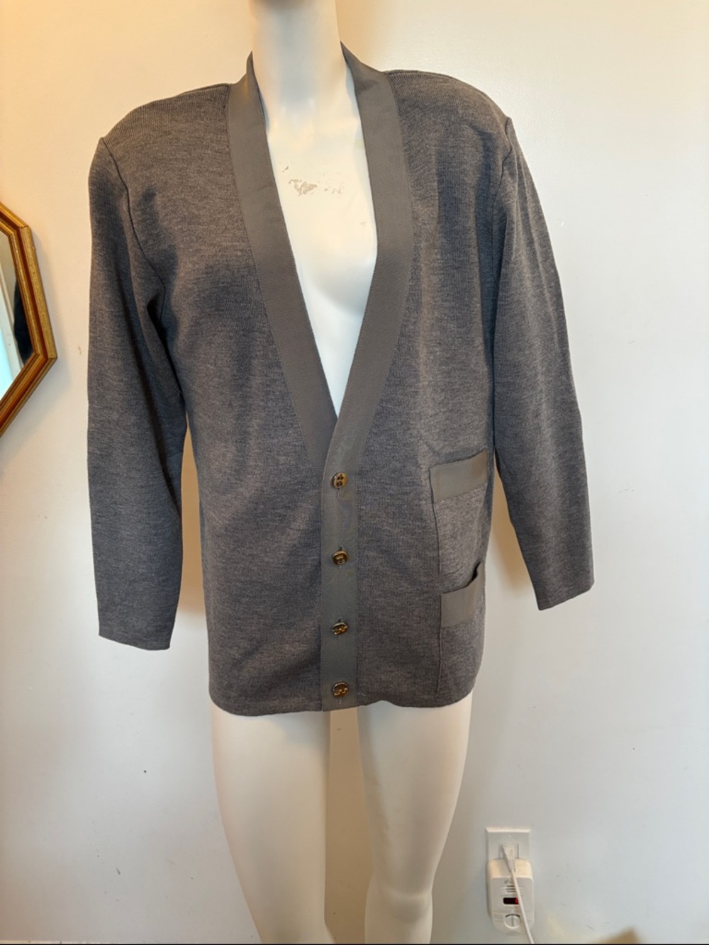 Salvatore Ferragamo Gray Knit Cardigan with Gray Trim